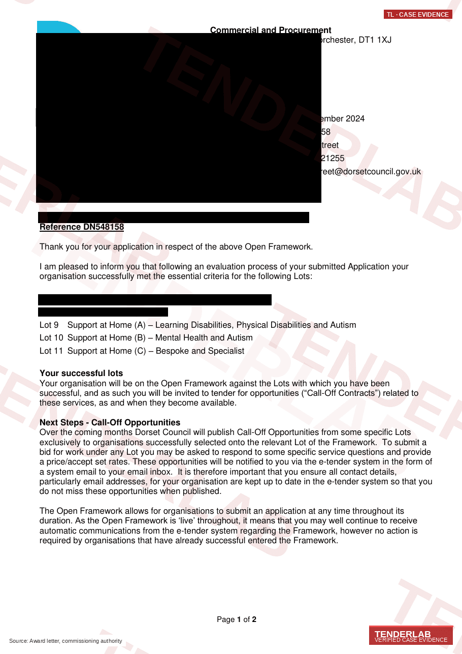 Award letter: Dorset Council – Care, Support, Housing and Community Safety Framework